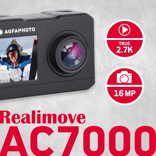 Agfaphoto Realimove AC7000BK akciókamera, 2,7K, 120°, wifi, 30m-ig vízálló tok, dupla kijelző