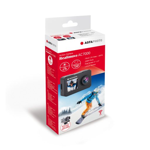 Agfaphoto Realimove AC7000BK akciókamera, 2,7K, 120°, wifi, 30m-ig vízálló tok, dupla kijelző
