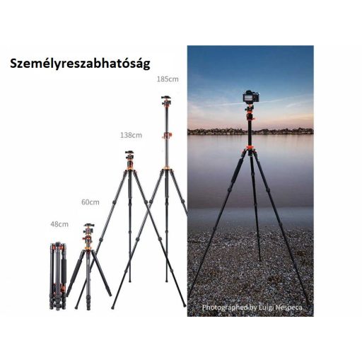 K&F Concept T254A4+BH-28L állvány + monopod, elforgatható középoszloppal, fekete-narancssárga