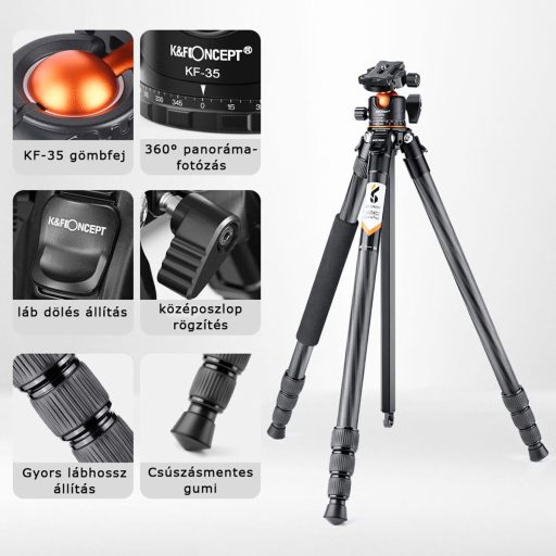 K&F Concept A254C4+BH-35L karbon állvány + monopod, fekete-narancs