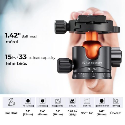 K&F Concept Traveller M1 kompakt utazó fényképező állvány, tripod gömbfejjel V1