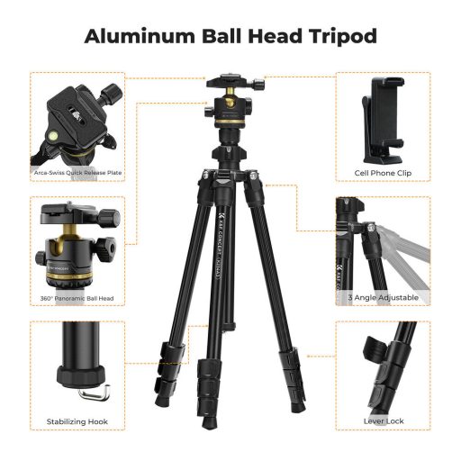 K&F Concept K234A0 állvány BH-28L gömbfej, 163cm magasság, 8kg teherbírás, telefontartóval