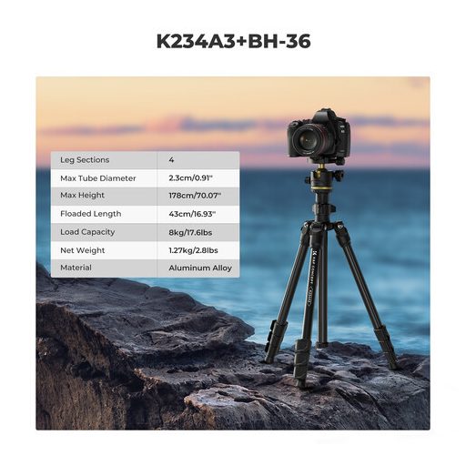 K&F Concept K234A0 állvány BH-28L gömbfej, 163cm magasság, 8kg teherbírás, telefontartóval